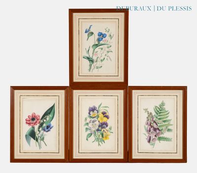 quatre photos encadrées représentant des fleurs et des feuilles sur fond blanc