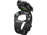 a smart watch that has a green light on it