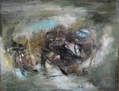 tableau représentant un cheval et une vache dans un champ