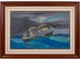 an oil painting of a sailing ship in a stormy sea
