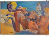 un tableau représentant un groupe de personnes assises sur une plage