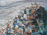 an oil painting of a city on a hill with a river running through it