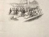 a drawing of people on a boat in the water
