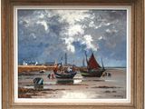 a painting of boats on the beach with a sky in the background