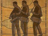 une photo d'un tableau représentant trois hommes jouant du tambour