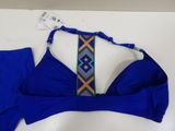 a blue bikini top with a colorful band around the bottom