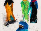 painting of a group of people with umbrellas walking down a street