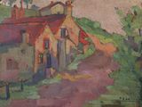 an oil painting of a house on a hill with a tree in the foreground