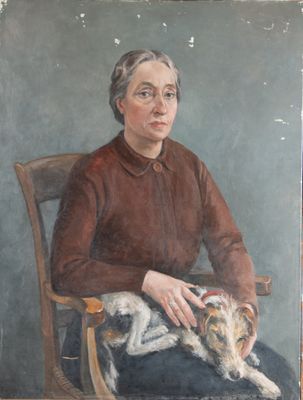 tableau représentant une femme assise sur une chaise avec un chien