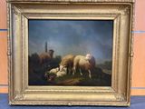 a picture of a painting of sheep and lambs in a field