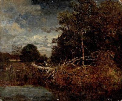 peinture représentant un tableau représentant un paysage avec une rivière au premier plan et des arbres au premier plan