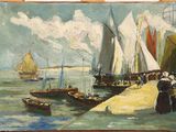 une peinture représentant des bateaux sur l'eau près d'un embarcadère