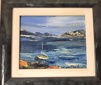 a painting of a boat on the water in a black frame