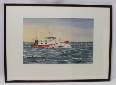 tableau représentant un bateau rouge et blanc au milieu d'un plan d'eau