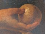 a painting of a person holding a piece of fruit