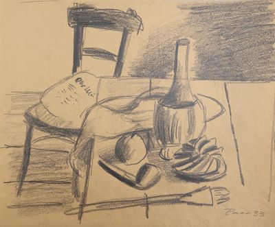 un dessin représentant une chaise et une bouteille posées sur une table