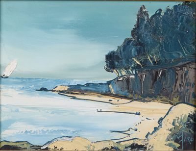 une peinture à l'huile représentant une scène de plage avec un voilier sur l'eau