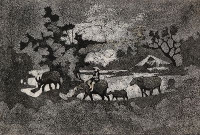 a black and white photo of a group of animals in a field