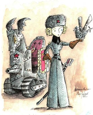 dessin représentant une femme tenant un oiseau devant un robot et un oiseau