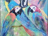 a painting of three colorful parrots sitting on top of each other