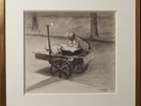 drawing of a man sitting in a wagon with a dog