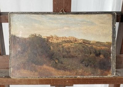 peinture sur chevalet représentant un paysage avec un château au loin