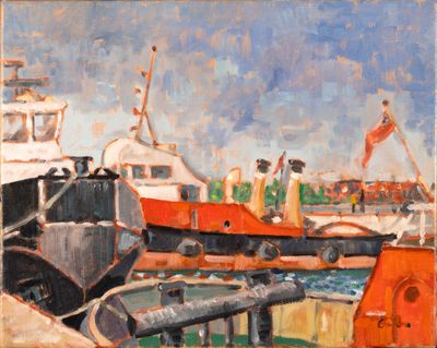 a painting of a boat docked at a dock with other boats