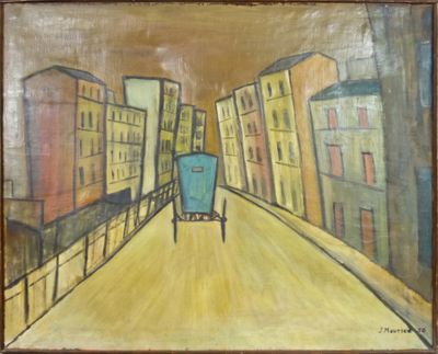 tableau représentant une rue de la ville avec une chaise au milieu