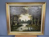 une peinture à l'huile représentant une scène de rivière avec un bateau dans l'eau