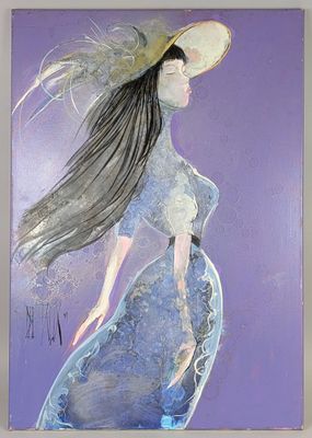 painting of a pregnant woman in a blue dress and a hat