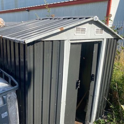 un chien assis sur le toit d'un abri de jardin
