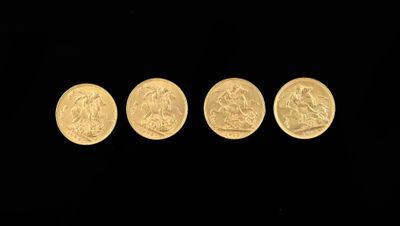 four gold coins are shown in a row on a black background