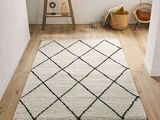 une photo d'un tapis noir et blanc dans un coin d'une pièce