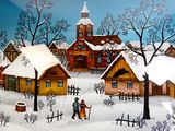 un tableau représentant un homme et une femme marchant dans la neige