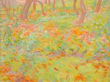 un tableau représentant un champ de fleurs avec des arbres en arrière-plan