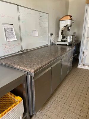 a kitchen with a counter and a refrigerator in it