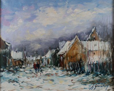 une peinture à l'huile représentant des personnes marchant dans une rue enneigée d'un village
