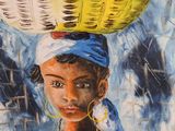 an oil painting of a woman with a basket on her head