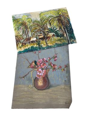 two paintings of a vase with flowers in it