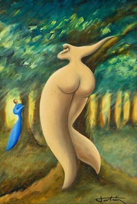 tableau représentant une femme nue tenant un parapluie bleu dans une forêt