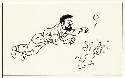 dessin humoristique représentant un homme attrapant une balle, avec un chien à ses côtés