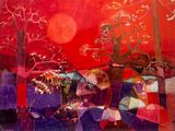 une image représentant un tableau montrant un ciel rouge avec un arbre au premier plan