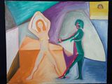 un tableau représentant un homme et une femme se serrant la main