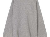 the sweatshirt is grey and has a white logo on the front