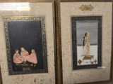 two framed pictures of women sitting on a bench