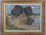 an image of a painting of a house by a body of water