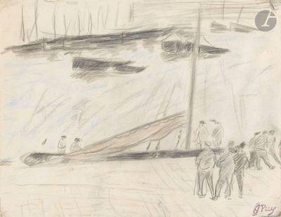 drawing of a group of people walking on a sidewalk next to a body of water