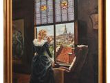 une peinture à l'huile représentant une femme regardant la ville par la fenêtre