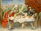 tableau représentant un groupe de chiens assis autour d'une table en train de manger