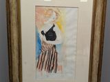 aquarelle encadrée représentant une femme en jupe rayée